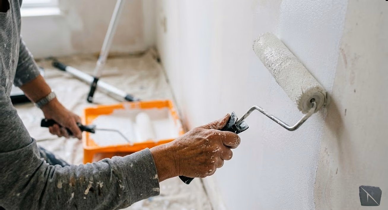Pintor lijando pared con taco de lija manual de grano 120, polvo suspendido en el aire, casa de Ponferrada