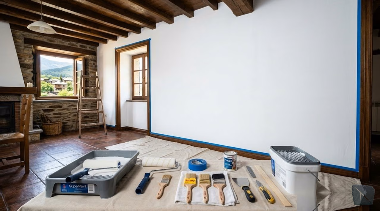 Pared interior totalmente imprimada en blanco uniforme lista para pintar en habitación de casa antigua del Bierzo, rodillo apoyado en suelo