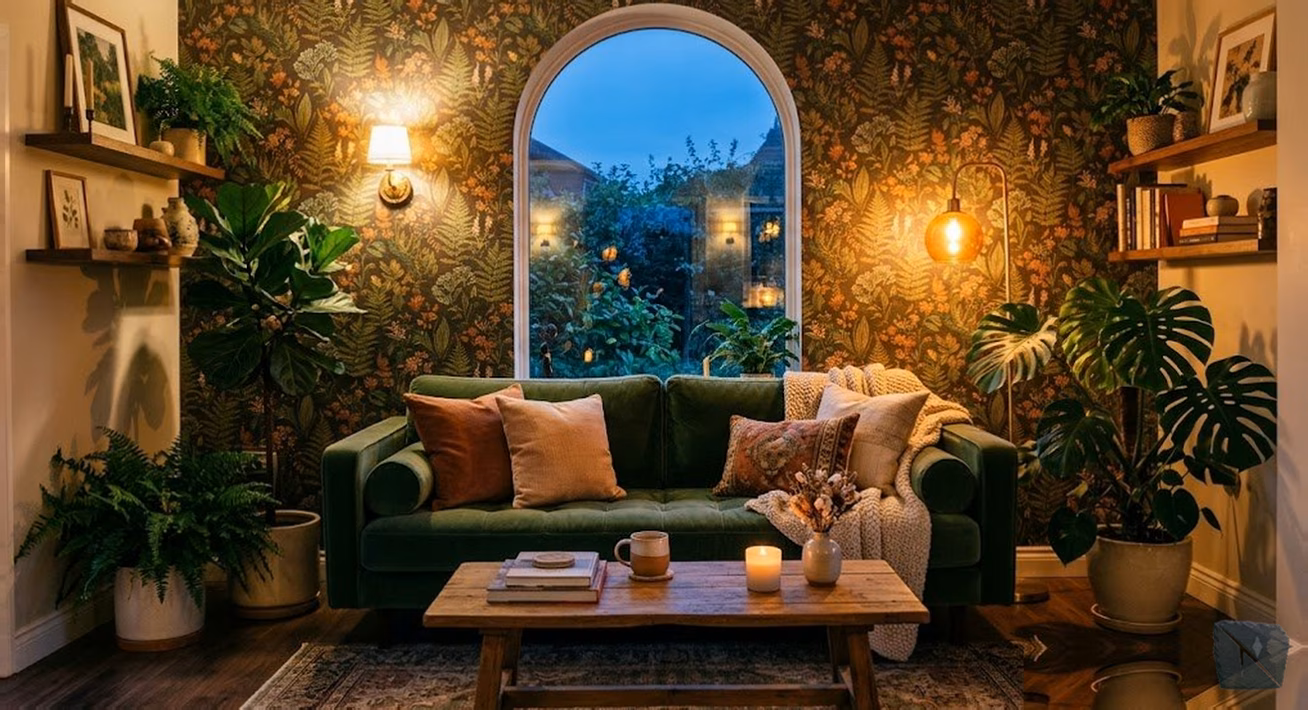 Detalle de juntas perfectas e invisibles en instalación profesional de papel pintado vinílico, casa El Bierzo