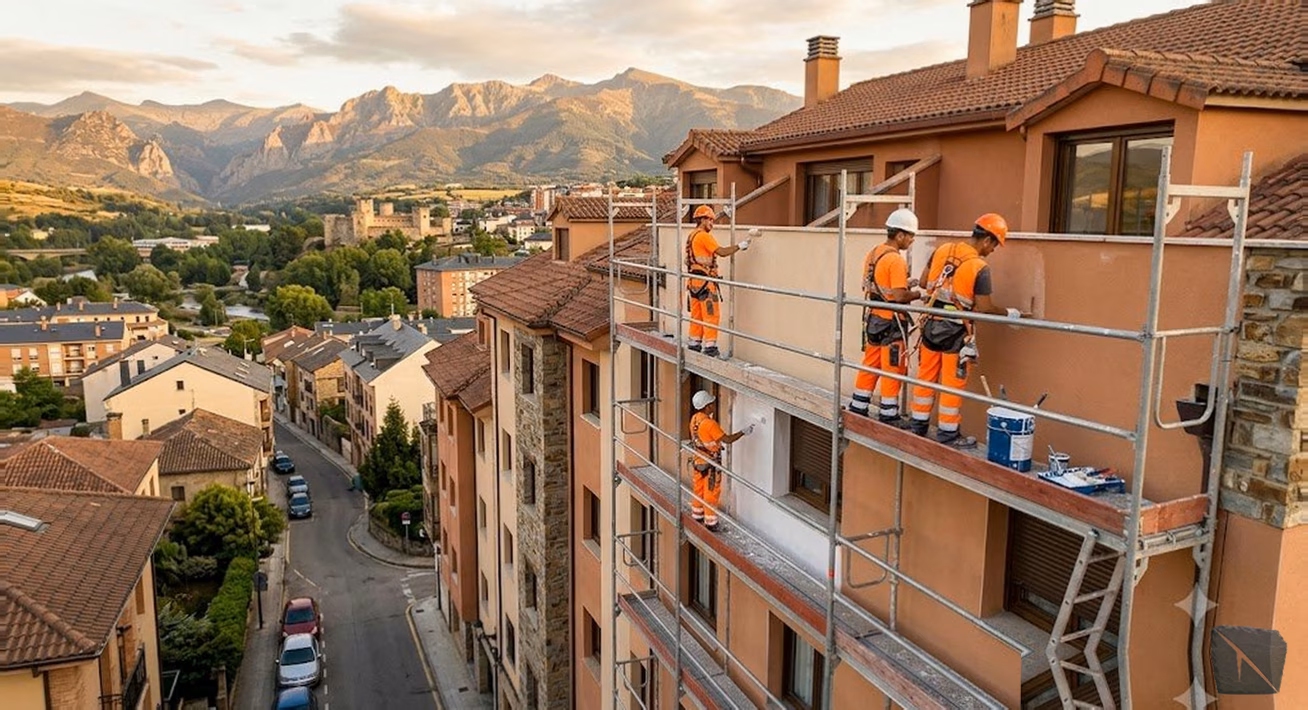 Pintores Ponferrada pintando fachada exterior de edificio en el Bierzo con andamio profesional