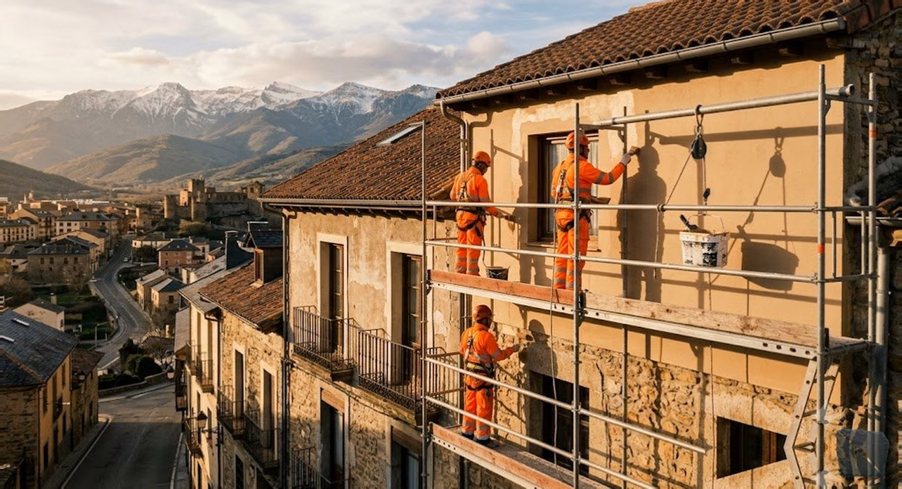 Andamio montado para pintar fachada de bloque de pisos en Ponferrada