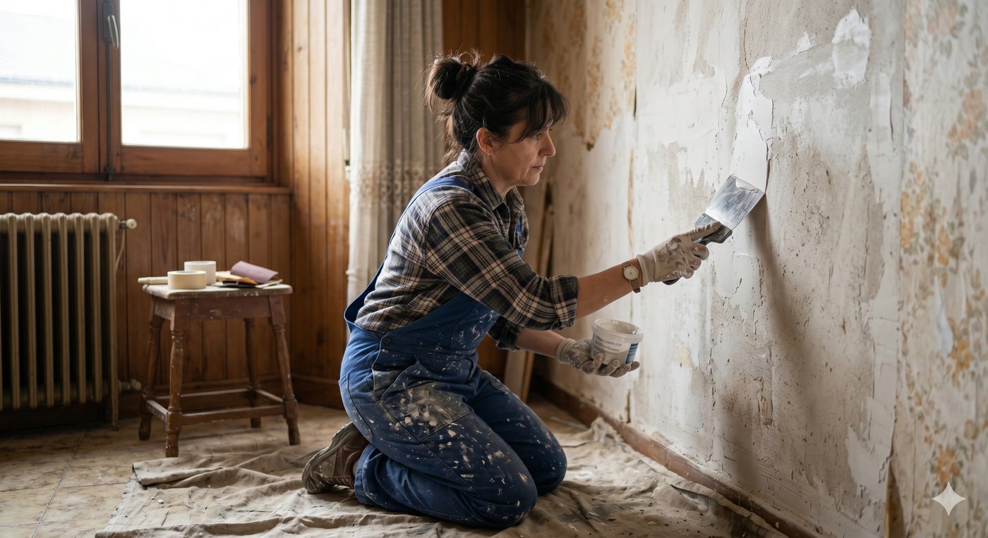 Pintor aplicando masilla en pared deteriorada de piso antiguo en Ponferrada — preparacion previa a la pintura